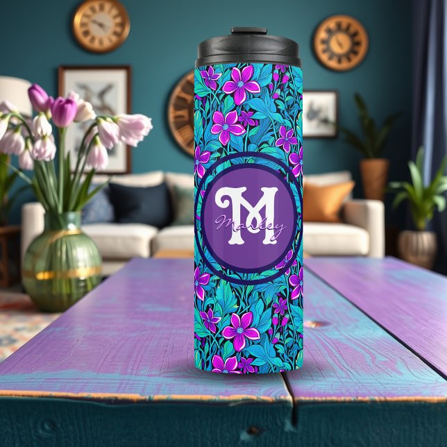 Hübsche Lila und Aquamarine Blaublume Personalisie Thermosbecher (Von Creator hochgeladen)