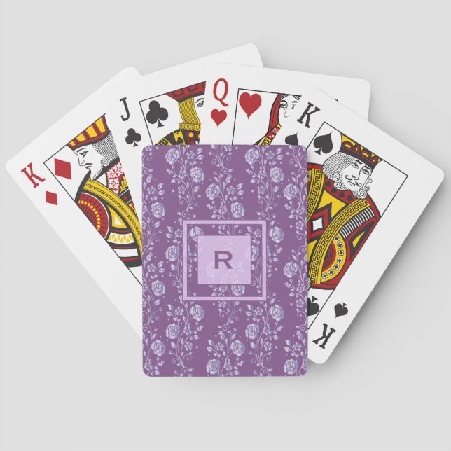 Hübsche Lila und Lilac Floral Monogramm Spielkarten (Rückseite)