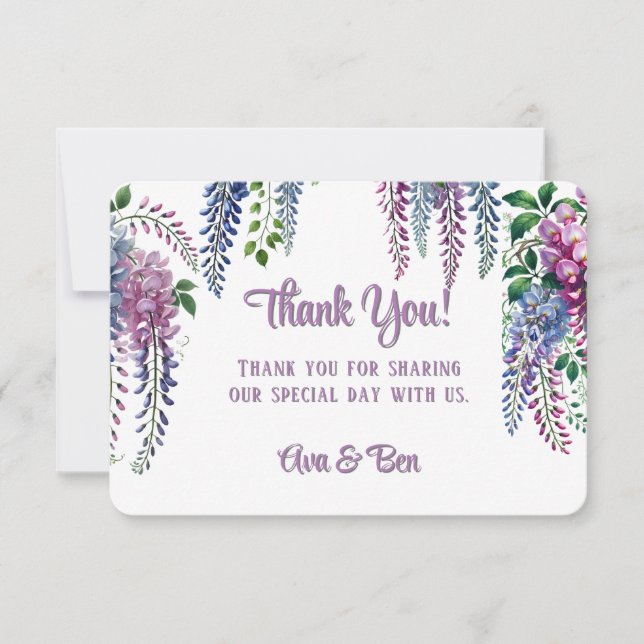 Hübsche Lila und rosa Wisteria Wedding Dankeskarte (Vorderseite)