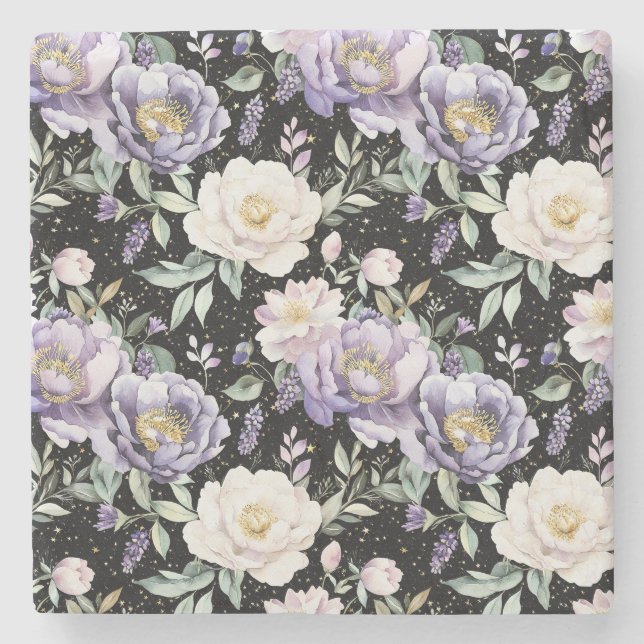 Hübsche lila weiße Blumen Steinuntersetzer (Vorderseite)