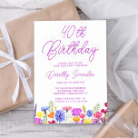 Hübsche Lila Wildblume Erwachsene 40. Geburtstag Einladung<br><div class="desc">Eine hübsche Wildblume schmückt den Boden dieser erwachsenen 40. Geburtstagseinladung. Lila, blaue, gelbe und orangefarbene Blume schaffen ein farbenfrohes und fröhliches Design, um diesen Meilenstein zu feiern. Moderne und einfache lila Kalligraphie verleiht ihr eine trendige Touch, um sie frisch behalten. Der offene und sorgenfreie Buchstabenfluss passt sich perfekt den Gänsen...</div>