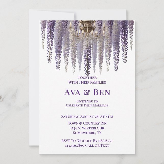 Hübsche Lila Wisteria Chandelier Wedding Einladung (Vorderseite)