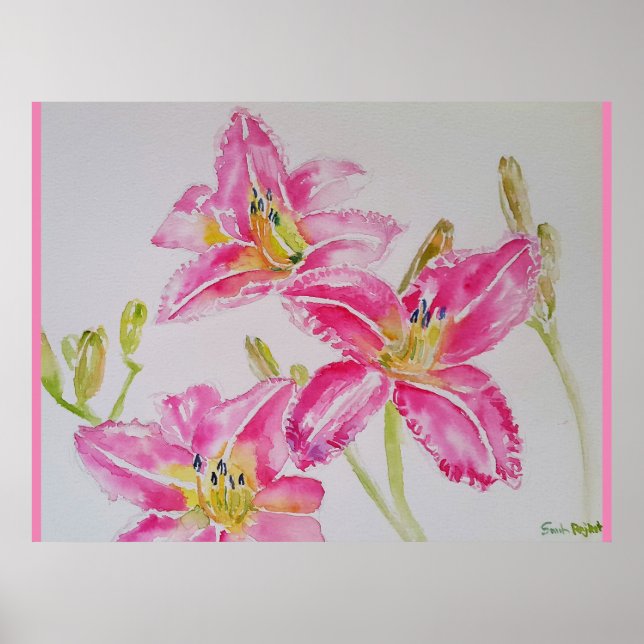 Hübsche Lilie in rosa Aquarellmalerei Poster (Vorne)