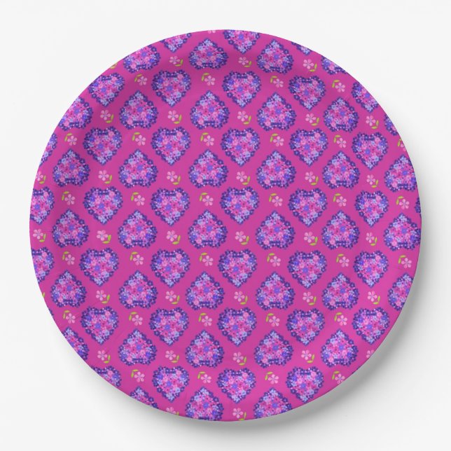 Hübsche Magenta-Herz- und Blume-Papierplatte Pappteller (Vorderseite)