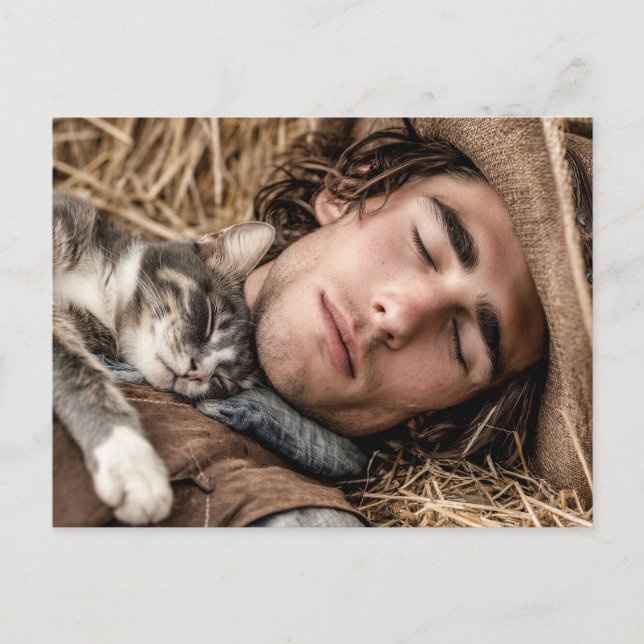 Hübsche Männer & Katzen Kunst Postkarte (Vorderseite)