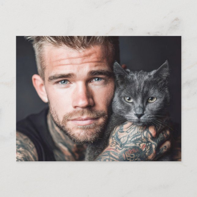 Hübsche Männer & Katzen Kunst Postkarte (Vorderseite)