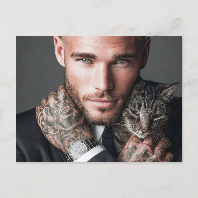 Hübsche Männer & Katzen Kunst Postkarte (Vorderseite)