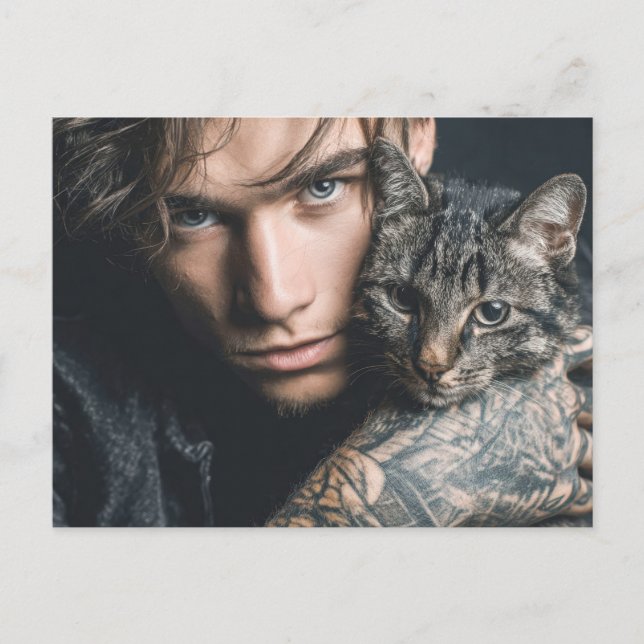 Hübsche Männer & Katzen Kunst Postkarte (Vorderseite)