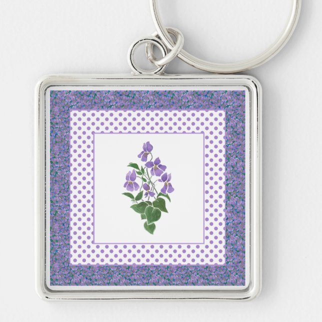 Hübsche Mauve Violets Floral und Polka Dot Schlüss Schlüsselanhänger (Vorne)