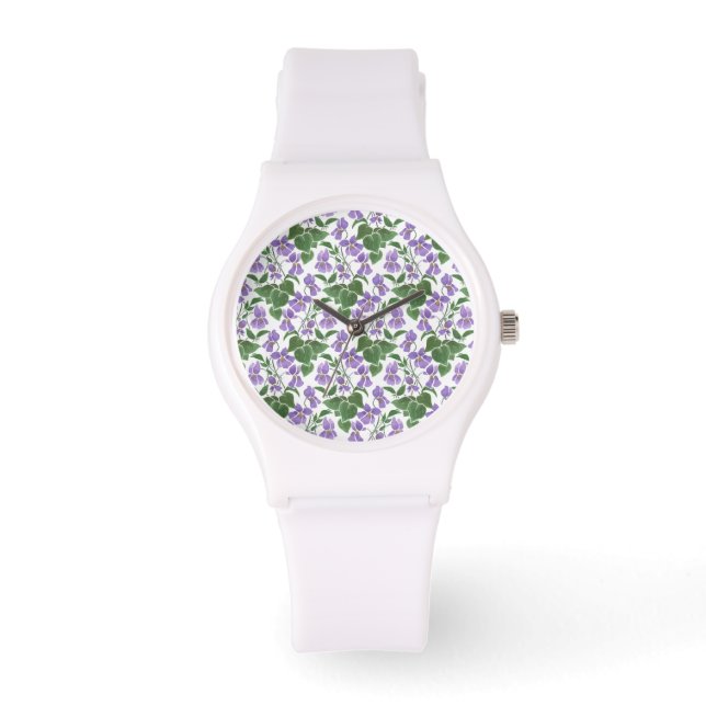 Hübsche Mauve Violets Floral White Sporty Watch Armbanduhr (Vorderseite)
