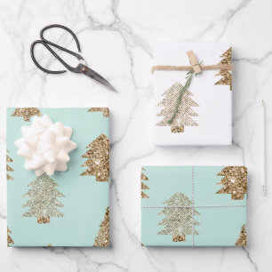 Hübsche Mint-Gold-Glitter-Glam-Christbäume Geschenkpapier Set
