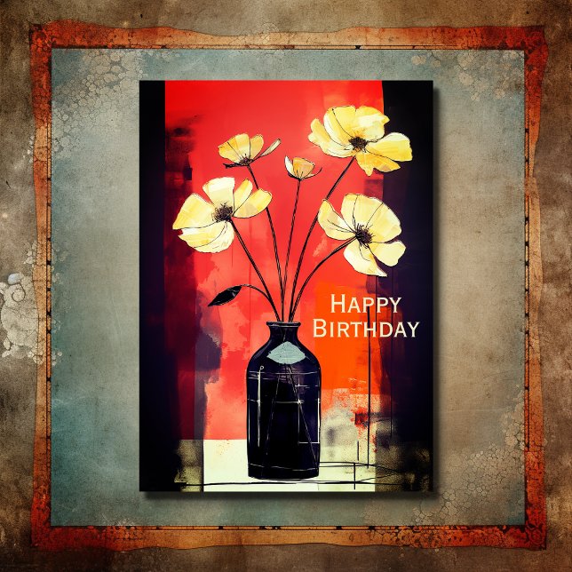 Hübsche moderne Blume und Vase Happy Birthday Karte (Front - Pretty Modern Flowers and Vase Happy Birthday Card)