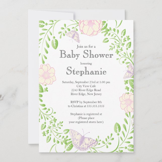 Hübsche moderne Butterfly Floral Girl Babydusche Einladung (Vorderseite)