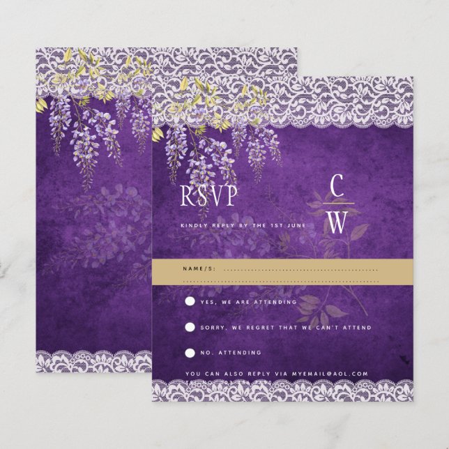 Hübsche moderne Wisteria Lace Lila Wedding RSVP (Vorne/Hinten)