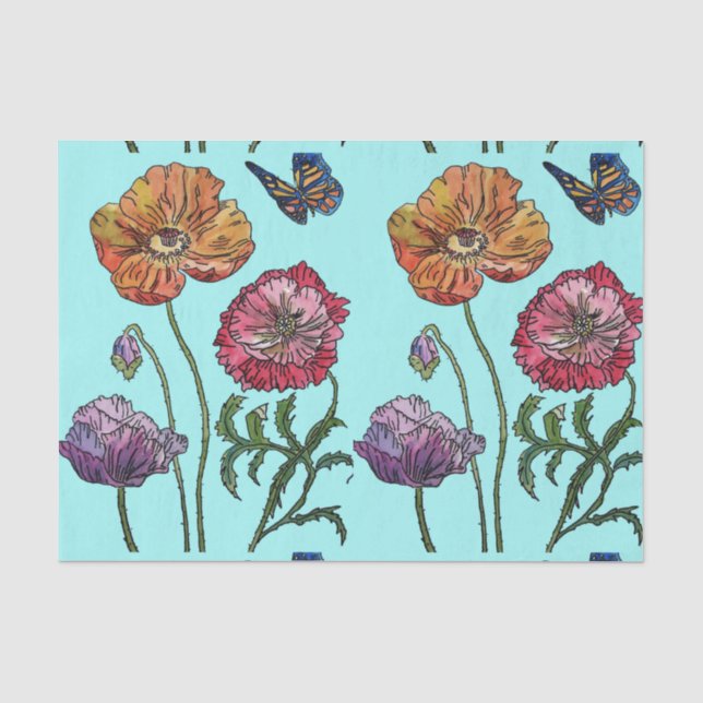 Hübsche Mohnblume Blume Aqua Pattern Wasserfarbe Seidenpapier (Vorderseite)