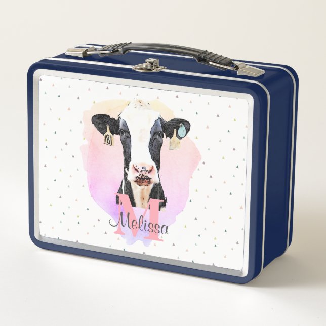 Hübsche Monogram Girls Name Rosa Niedlich Holstein Metall Brotdose (Vorderseite)