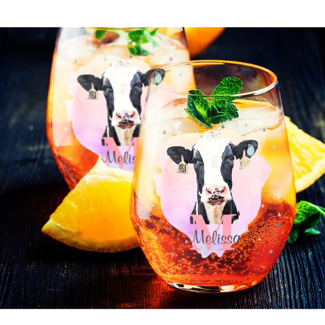 Hübsche Monogram Girls Name Rosa Niedlich Holstein Weinglas Ohne Stiel (Dairy Cow Holstein Farming Stemless Wine Glass.)