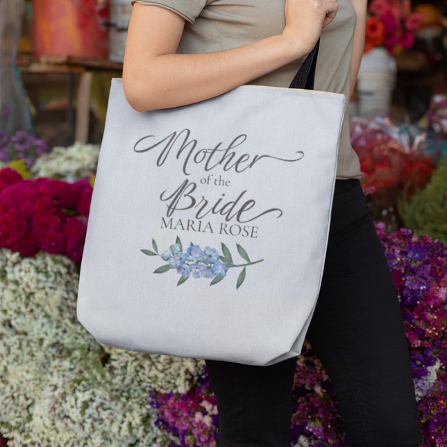 Hübsche Mutter der Braut Personalisiert Tasche (Mother of the Bride personalized wedding tote bag featuring elegant calligraphy script and blue flor)