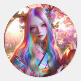 Hübsche mystische Ätherische Frau mit Schmetterlin Runder Aufkleber
