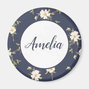 Hübsche Navy- und Weiße Florale Personalisierte Magnet