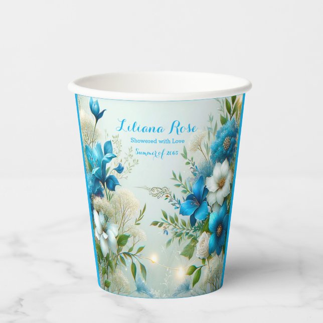 Hübsche Neuanfänge Blumenblauer Brautparty Pappbecher (Vorderseite)