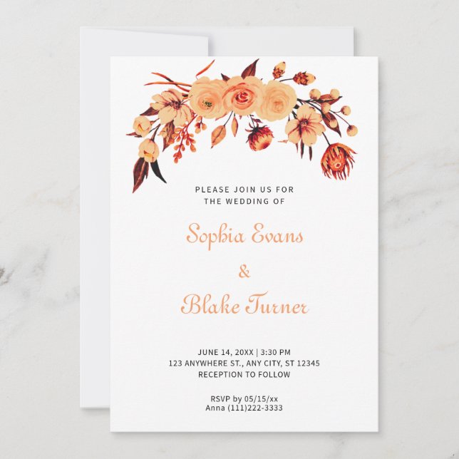 Hübsche Orange Bohemische Blumenweiße Hochzeit Einladung (Vorderseite)