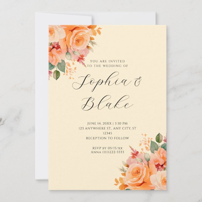Hübsche Orange Floral Elegante Gelbe Hochzeit Einladung (Vorderseite)