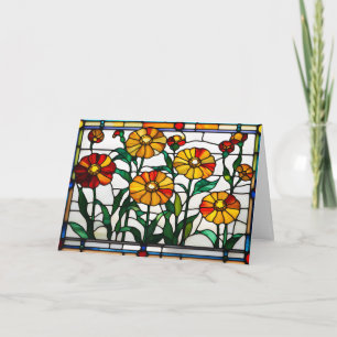 Hübsche orange Gartenblumen Buntglas Karte