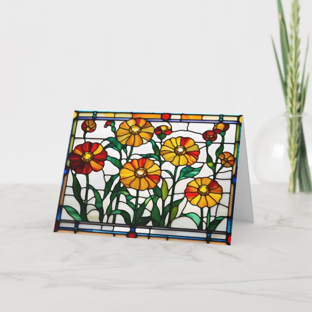 Hübsche orange Gartenblumen Buntglas  Karte (Vorderseite)