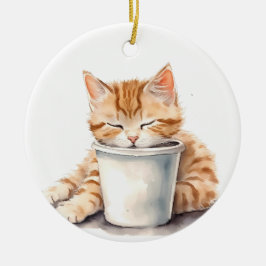 HÜBSCHE ORANGE TABBY KITTEN SCHLAFEN AUF CUP KERAMIK ORNAMENT