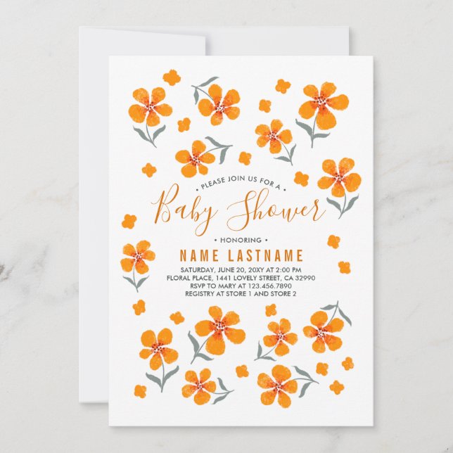 Hübsche orangefarbene Blume White Girl Baby Dusche Einladung (Vorderseite)