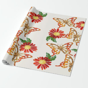 Hübsche orangefarbene Blumen und Schmetterlinge Geschenkpapier