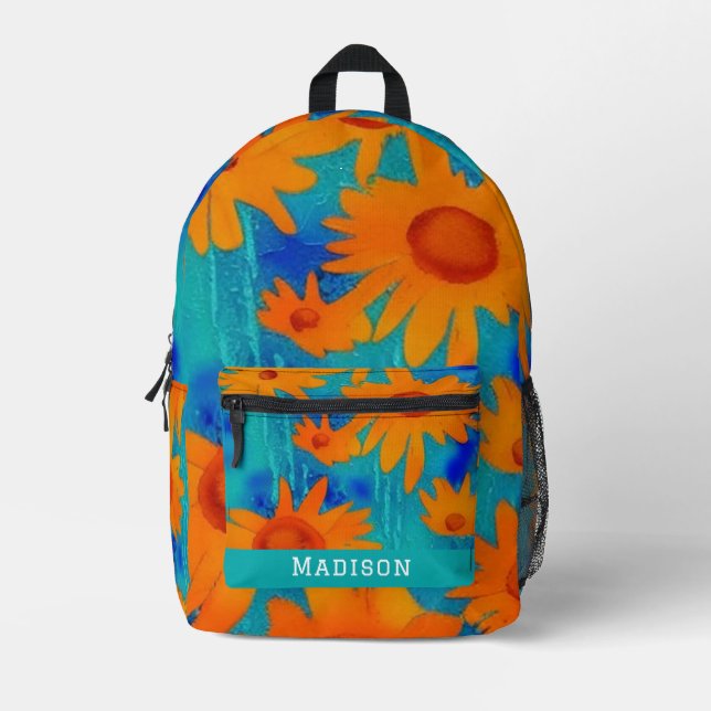 Hübsche orangefarbene Sonnenblumen mit Aquablau Bedruckter Rucksack (Vorderseite)