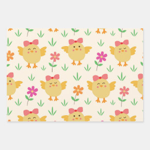 Hübsche Osterbabyküken mit Schleifen und Blumen  Geschenkpapier Set
