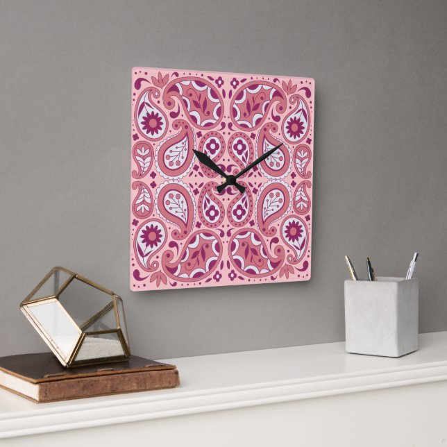 Hübsche Paisley Design-Blume Tear Dropks Pinks Quadratische Wanduhr (Büro)