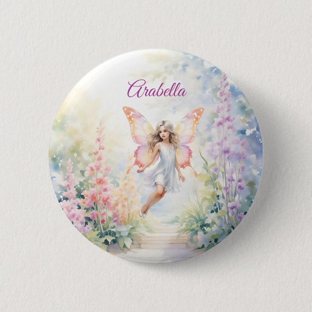 Hübsche Pastel Butterfly Faia im Blumengarten Button (Vorderseite)