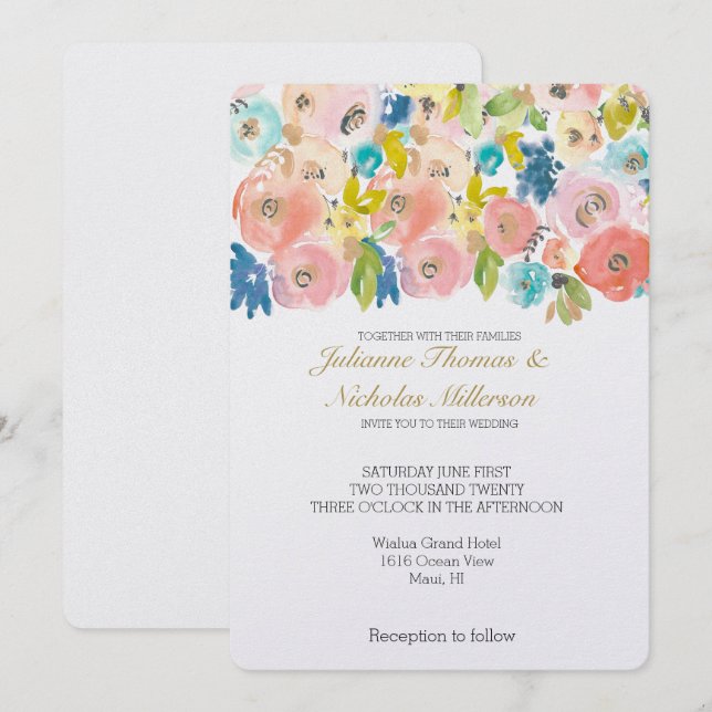 Hübsche Pastel Watercolor Blume Hochzeit Einladung (Vorne/Hinten)