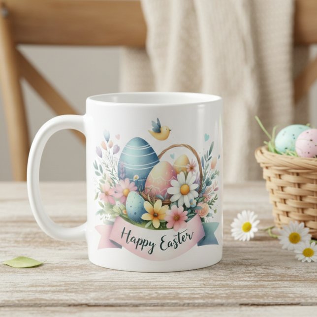 Hübsche Pastel Watercolor Florals Happy Osterfeier Kaffeetasse (Pretty Pastel Watercolor Florals Happy Easter Coffee Mug)