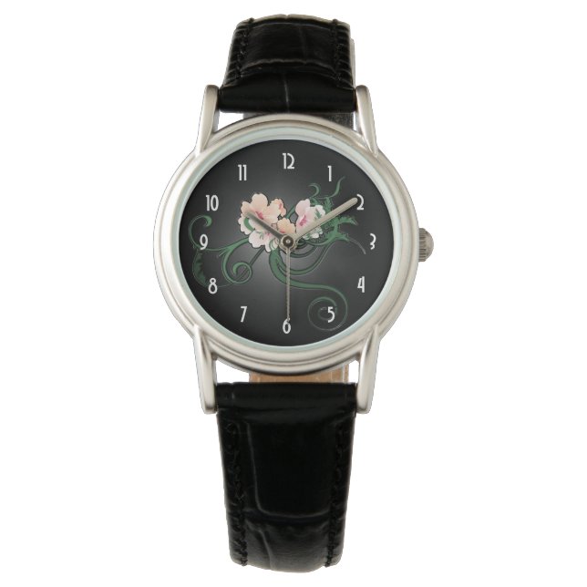 Hübsche Pastell-Rosa-Blume auf Schwarz Armbanduhr (Vorderseite)
