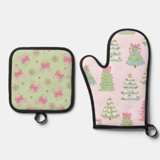 Hübsche Pastell-Weihnachtsbäume und Schleifen Ofenhandschuh & Topflappen-Set