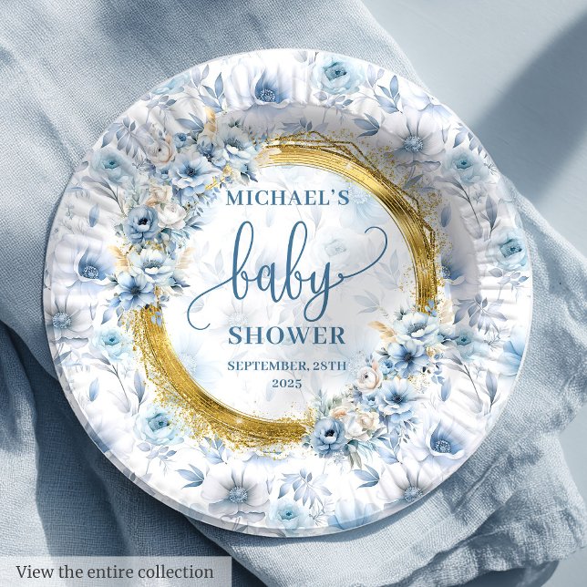 Hübsche pastellblaue Aquarellfarben Blume Golddusc Pappteller (Pretty pastel blue watercolor flowers gold shower Paper Plates )