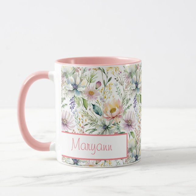 Hübsche Pastellblumenmuster personalisiert Tasse (Links)