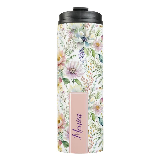 Hübsche Pastellblumenmuster personalisiert Thermosbecher (Vorderseite)