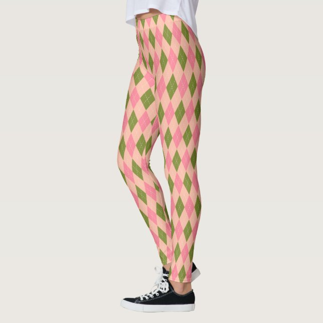 Hübsche Pastellfarben Rosa und grüne Preppy-Raute  Leggings (Links)