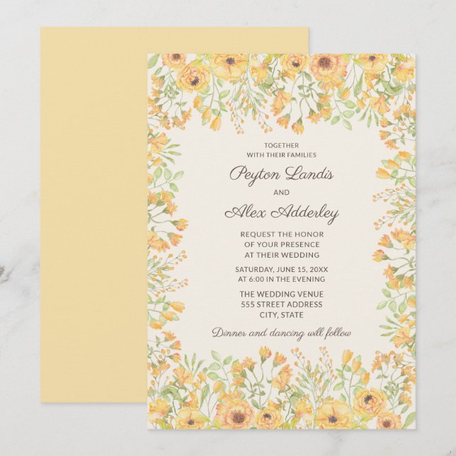 Hübsche pastellgelbe Blume Hochzeit Einladung (Vorne/Hinten)