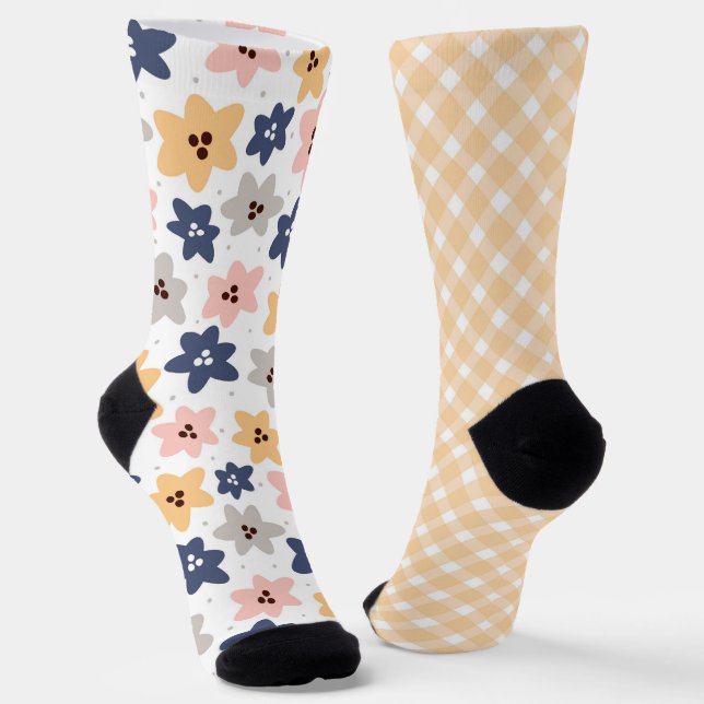Hübsche Pastellgelbe Mischung kariert und blumenar Socken (Gewinkelt)
