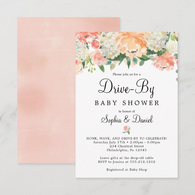 Hübsche Peach Floral Drive-by Kinderdusche laden Einladung (Vorne/Hinten)