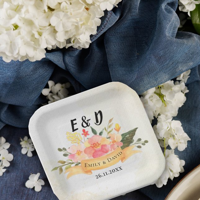 Hübsche Peach Floral Elegante Monogram Wedding Par Pappteller (Pretty Peach Floral Elegant Monogram Wedding Party Paper Plates
)