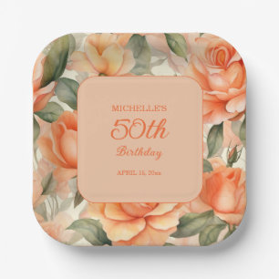 Hübsche Peach Orange Rose 50. Geburtstag Pappteller