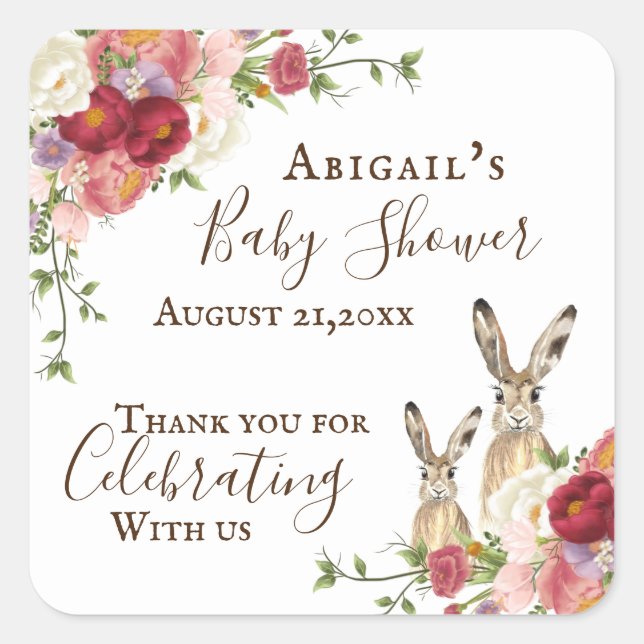 Hübsche Peony Blume und Bunny Rabbit Baby Dusche Quadratischer Aufkleber (Vorderseite)